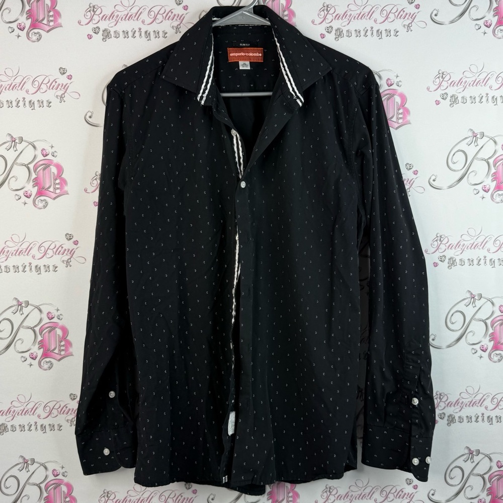 Emporio Colombo long sleeve shirt, collared Black Shirt with White Accents